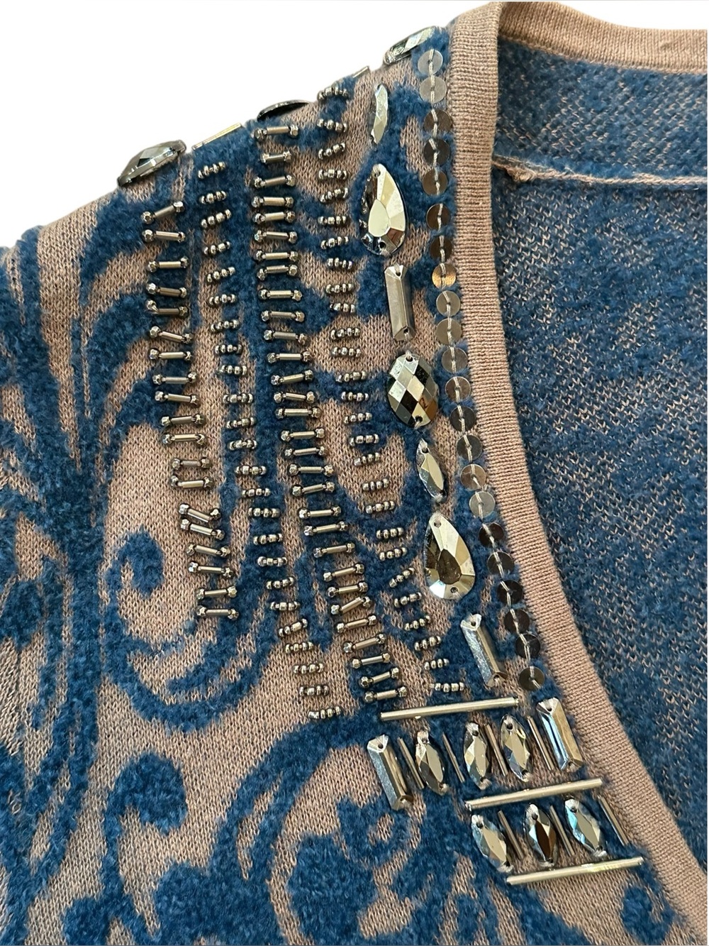CHICO’S teal & tan cotton blend beaded long cardigan sweater size 1 (M/8) - Picture 4 of 8